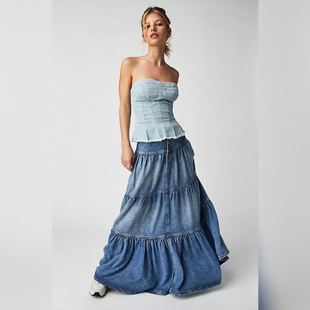 We The Free - Free People Dreamweaver Maxi Skirt - Blue Wave - Small - Picture 2 of 11